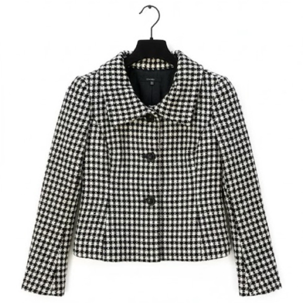 ZARA BASIC Houndstooth Tweed Blazer Cropped‎ Button Front Black White Medium